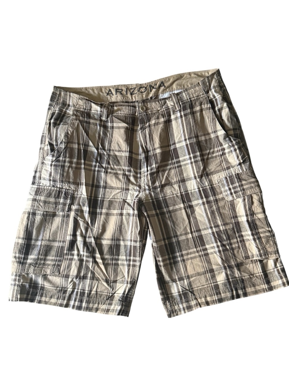 Arizona Jean Company Tan and Gray Plaid Cargo Shorts